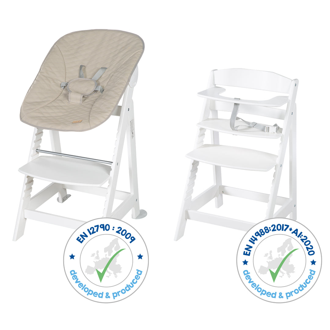 Hochstuhl Set 2in1 'Born Up' - Treppenhochstuhl 'Sit Up' + Aufsatz 'Greyish gesteppt' - Weiß – Infografik (15/16)
