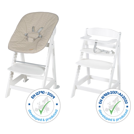 Hochstuhl Set 2in1 'Born Up' - Treppenhochstuhl 'Sit Up' + Aufsatz 'Greyish gesteppt' - Weiß – Infografik (15/16)