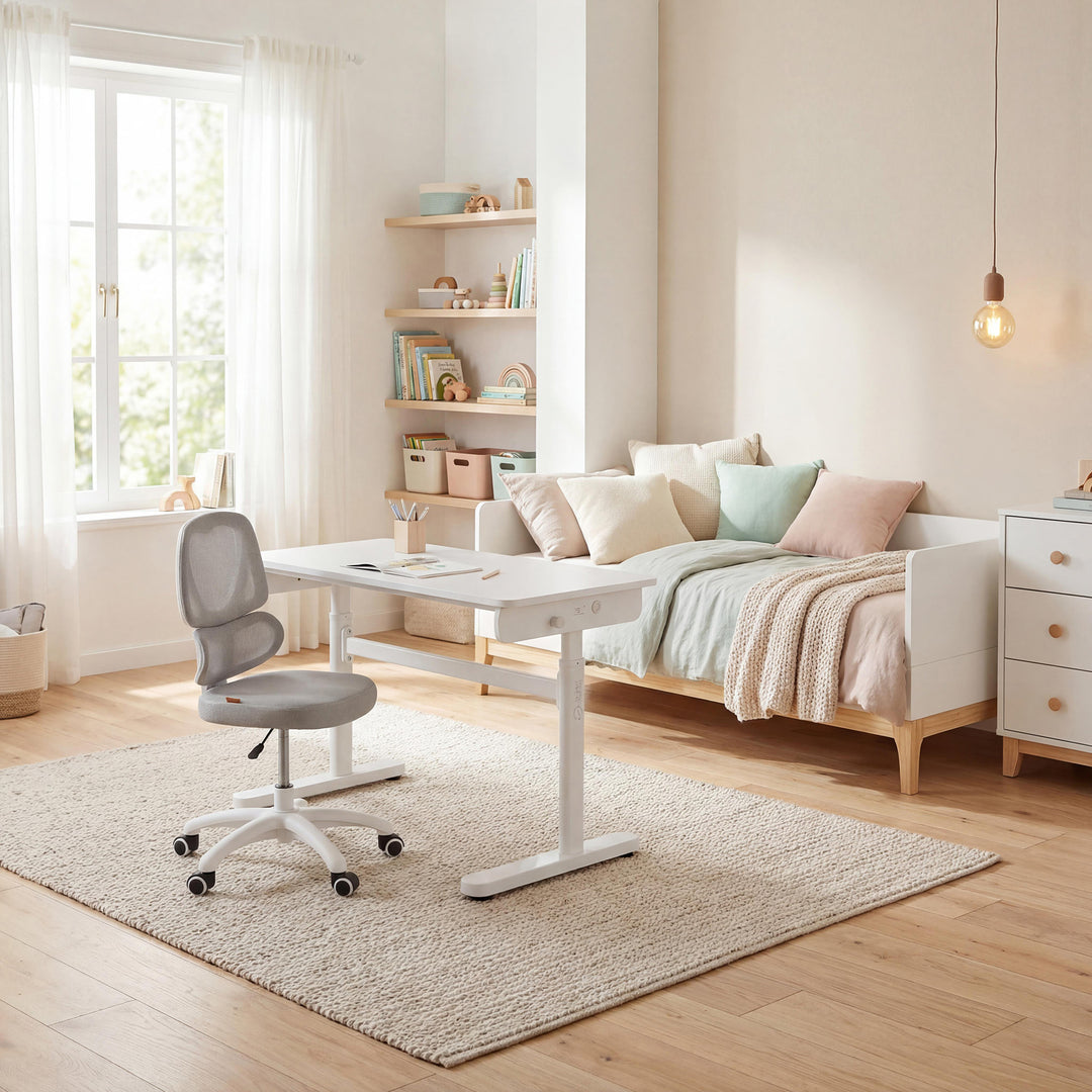 Scrivania per bambini basic - Regolabile in altezza - Ergonomico design - Senza cassetto - Bianco – Foto d'ambiente (2/12)