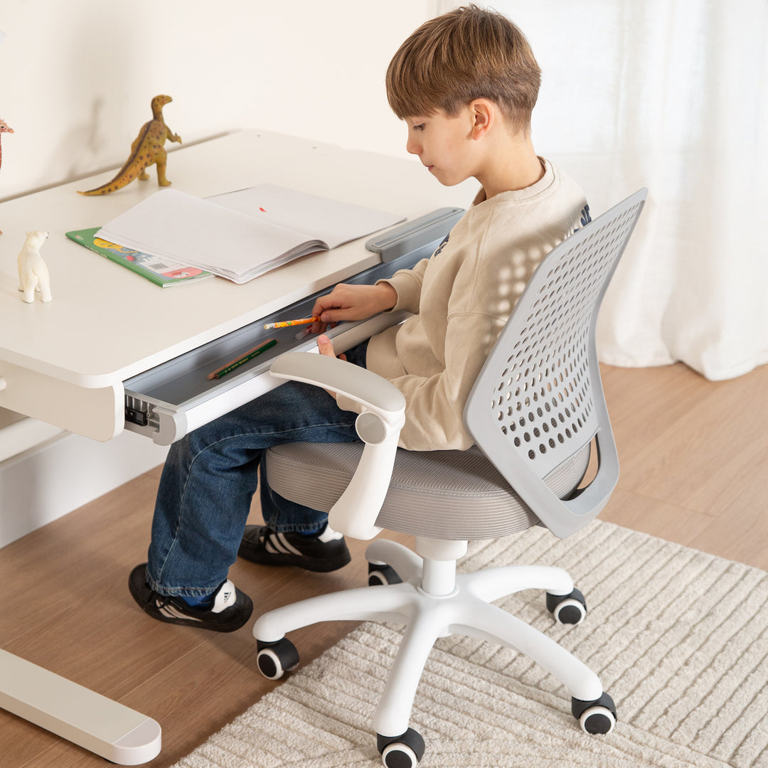Scrivania per bambini con cassetto - Regolabile in altezza - Ergonomico design con spazio contenitore - Modernes design - Bianco – Foto d'ambiente (9/15)