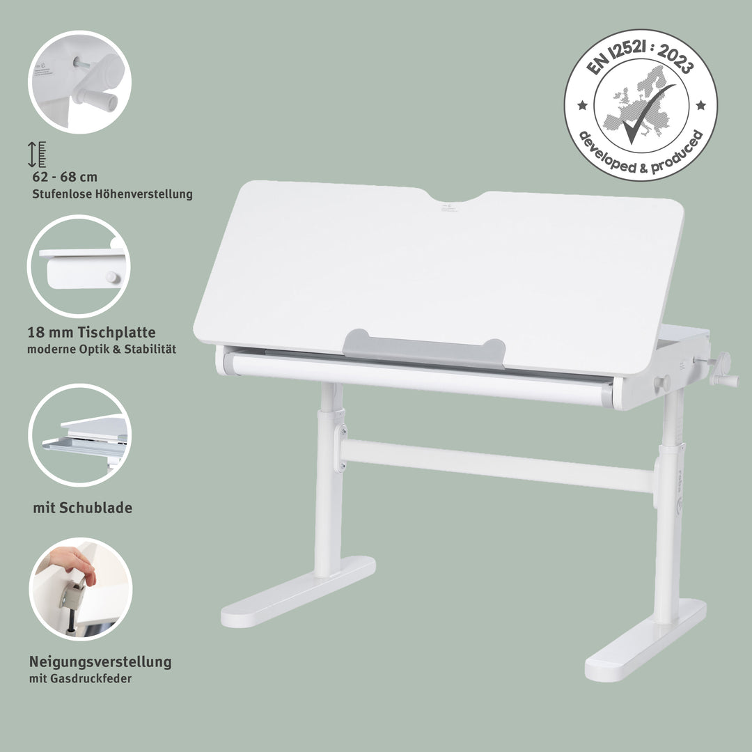 Kinderschreibtisch mit Schublade - Höhenverstellbar - Ergonomisches Design mit Stauraum & neigbarer Arbeitsfläche - Weiß – Infografik (3/19)