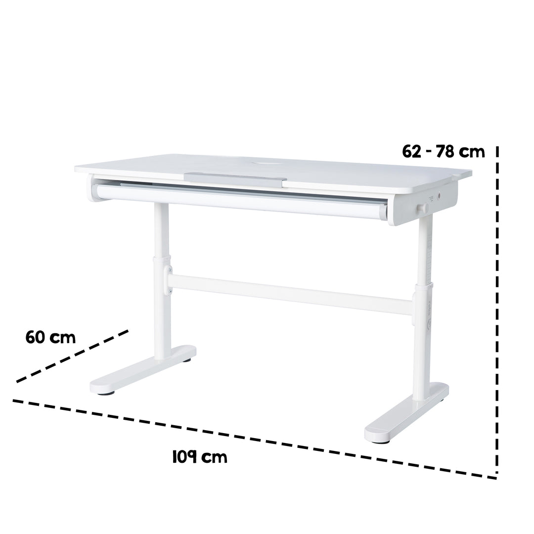Kinderschreibtisch mit Schublade - Höhenverstellbar - Ergonomisches Design mit Stauraum & neigbarer Arbeitsfläche - Weiß – Infografik (8/19)