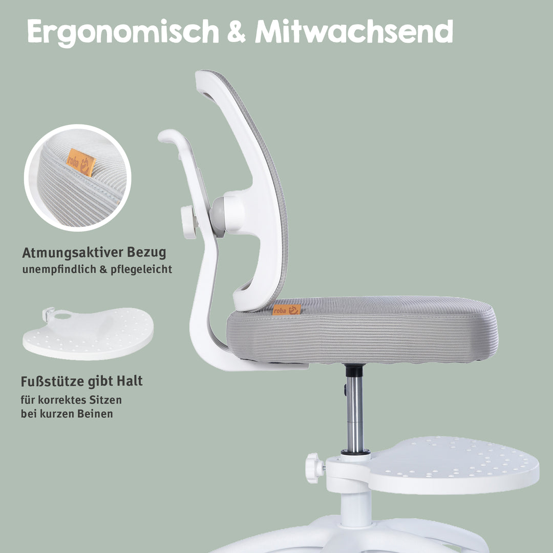 Silla de oficina infantil smart grow 2D- ergonómico silla giratoria - Regulable en altura - Blanco / gris – Infografía (11/36)