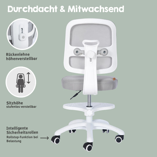 Silla de oficina infantil smart grow 2D- ergonómico silla giratoria - Regulable en altura - Blanco / gris – Infografía (10/36)