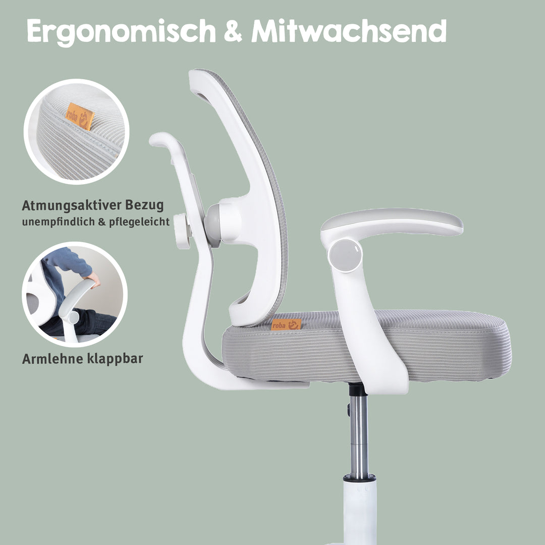 Silla de oficina infantil smart grow 2D- ergonómico silla giratoria - Regulable en altura - Blanco / gris – Infografía (21/36)
