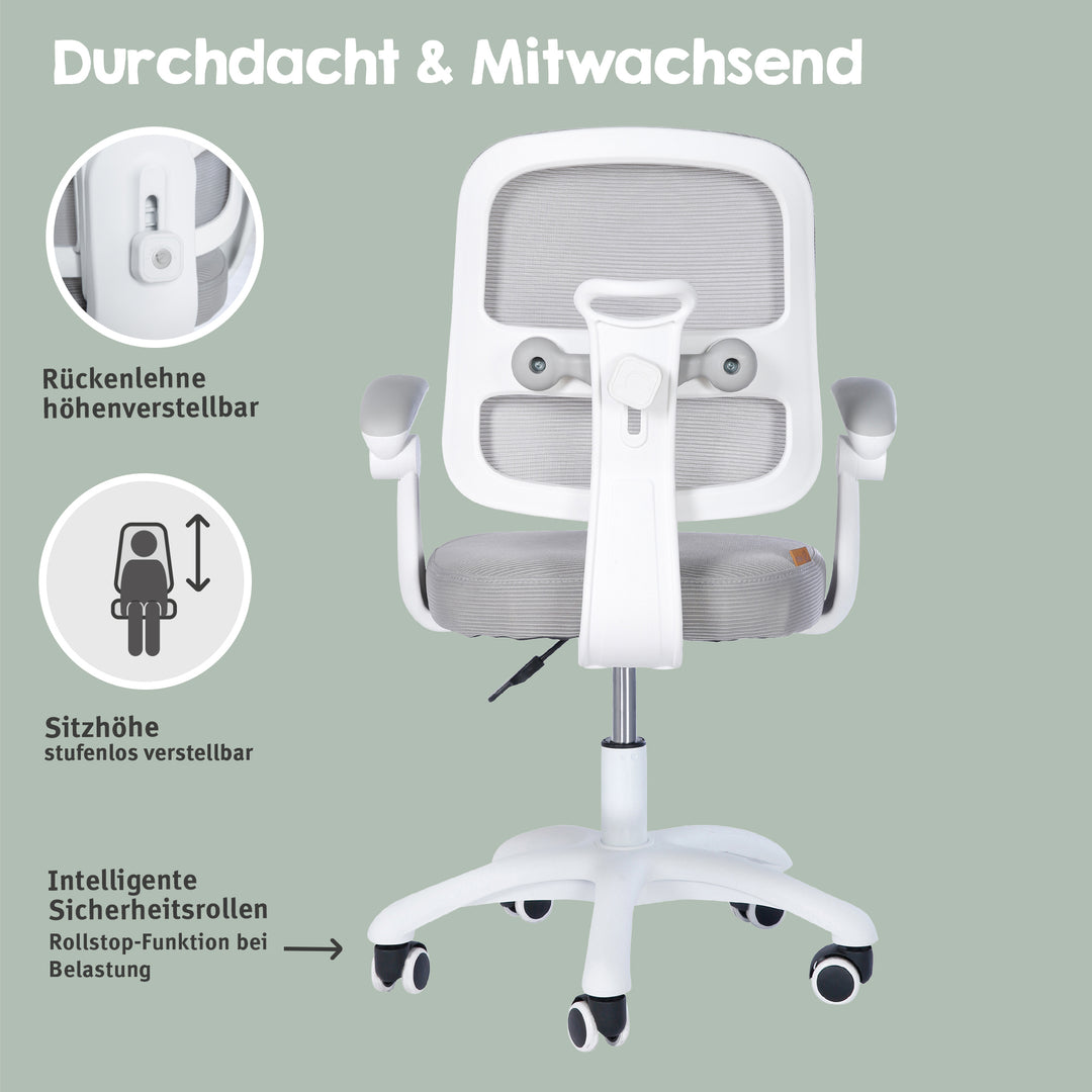 Silla de oficina infantil smart grow 2D- ergonómico silla giratoria - Regulable en altura - Blanco / gris – Infografía (20/36)