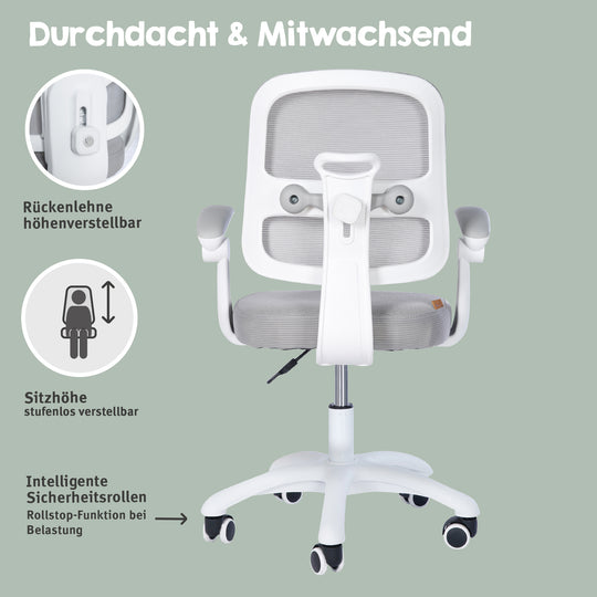 Silla de oficina infantil smart grow 2D- ergonómico silla giratoria - Regulable en altura - Blanco / gris – Infografía (20/36)