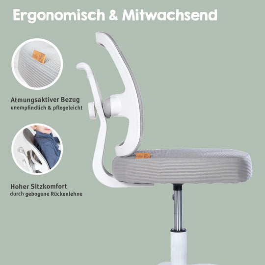 Silla de oficina infantil smart grow 2D- ergonómico silla giratoria - Regulable en altura - Blanco / gris – Infografía (4/36)