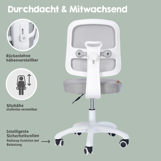 Silla de oficina infantil smart grow 2D- ergonómico silla giratoria - Regulable en altura - Blanco / gris – Infografía (3/36)