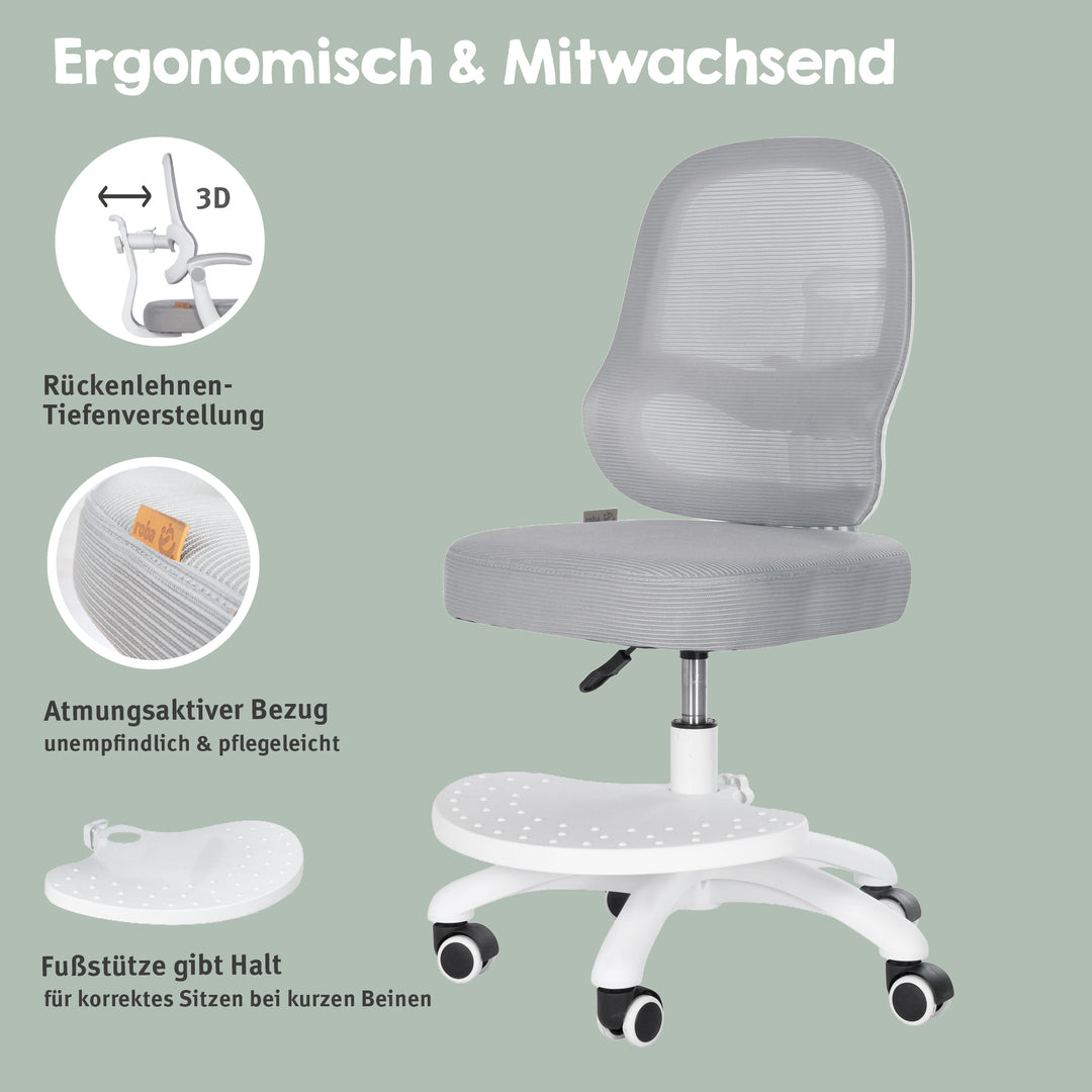 Chaise de bureau enfant smart grow 3D - Ergonomique fauteuil pivotant - Réglable en hauteur - Blanc / gris – Infographie (12/38)