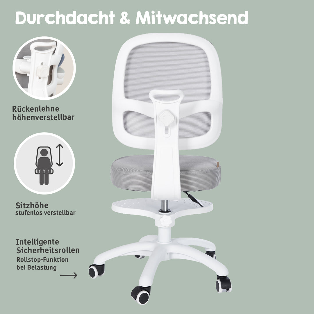 Chaise de bureau enfant smart grow 3D - Ergonomique fauteuil pivotant - Réglable en hauteur - Blanc / gris – Infographie (13/38)