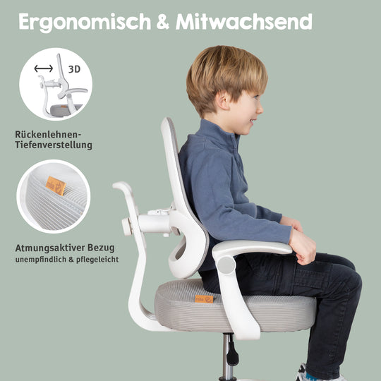 Chaise de bureau enfant smart grow 3D - Ergonomique fauteuil pivotant - Réglable en hauteur - Blanc / gris – Infographie (22/38)