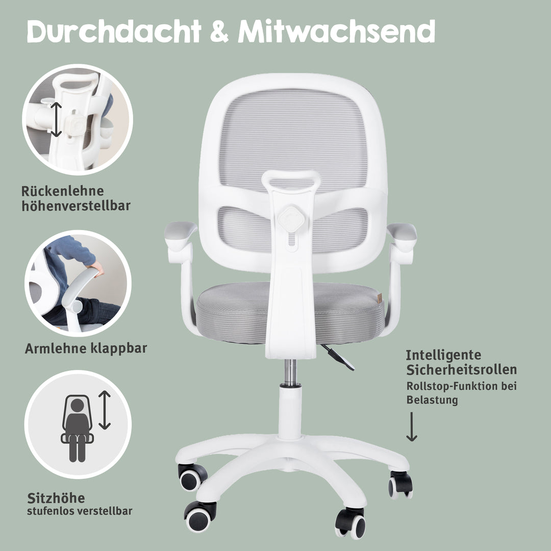 Chaise de bureau enfant smart grow 3D - Ergonomique fauteuil pivotant - Réglable en hauteur - Blanc / gris – Infographie (21/38)