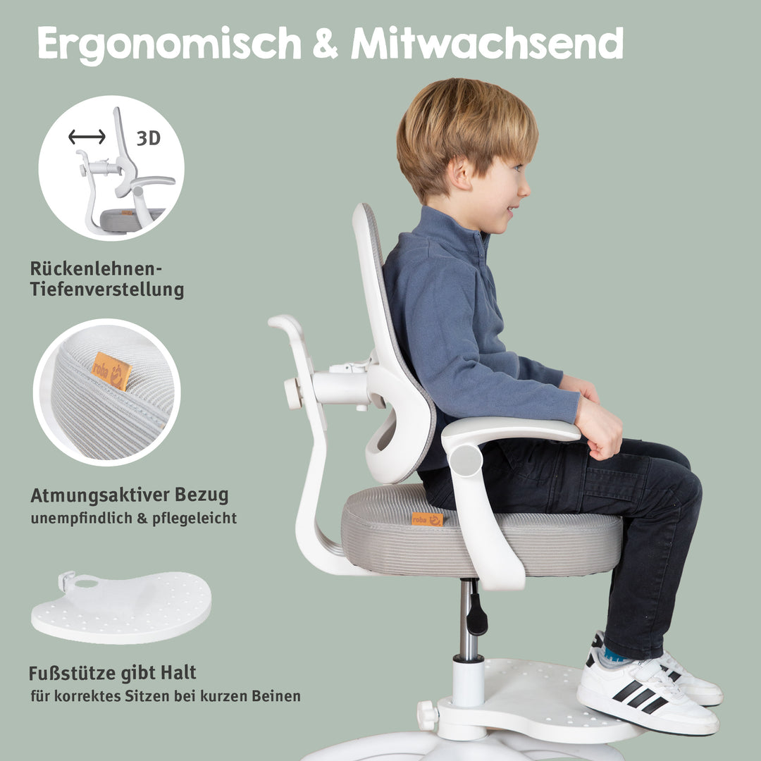 Chaise de bureau enfant smart grow 3D - Ergonomique fauteuil pivotant - Réglable en hauteur - Blanc / gris – Infographie (33/38)