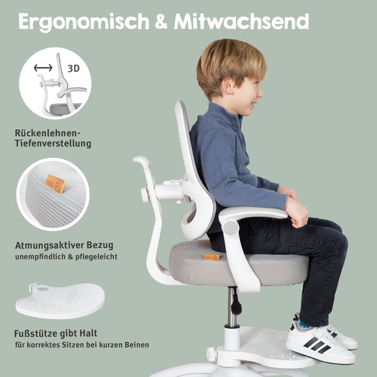 Chaise de bureau enfant smart grow 3D - Ergonomique fauteuil pivotant - Réglable en hauteur - Blanc / gris – Infographie (33/38)