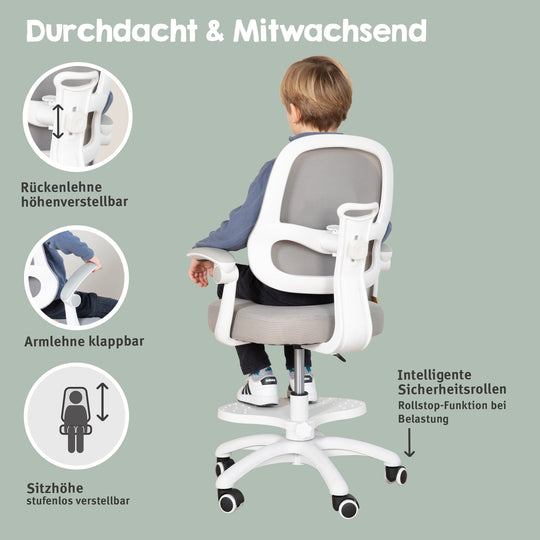 Chaise de bureau enfant smart grow 3D - Ergonomique fauteuil pivotant - Réglable en hauteur - Blanc / gris – Infographie (32/38)