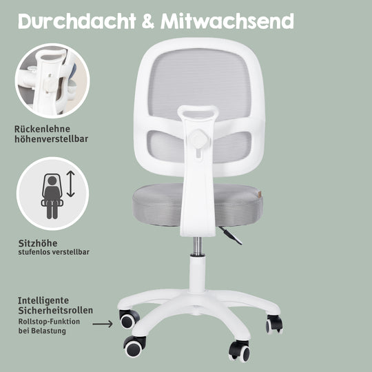 Chaise de bureau enfant smart grow 3D - Ergonomique fauteuil pivotant - Réglable en hauteur - Blanc / gris – Infographie (4/38)