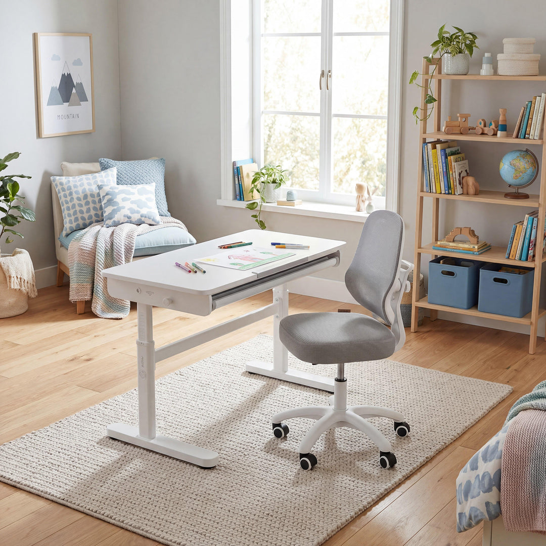 Chaise de bureau enfant smart grow 3D - Ergonomique fauteuil pivotant - Réglable en hauteur - Blanc / gris – Photo d'ambiance (2/38)