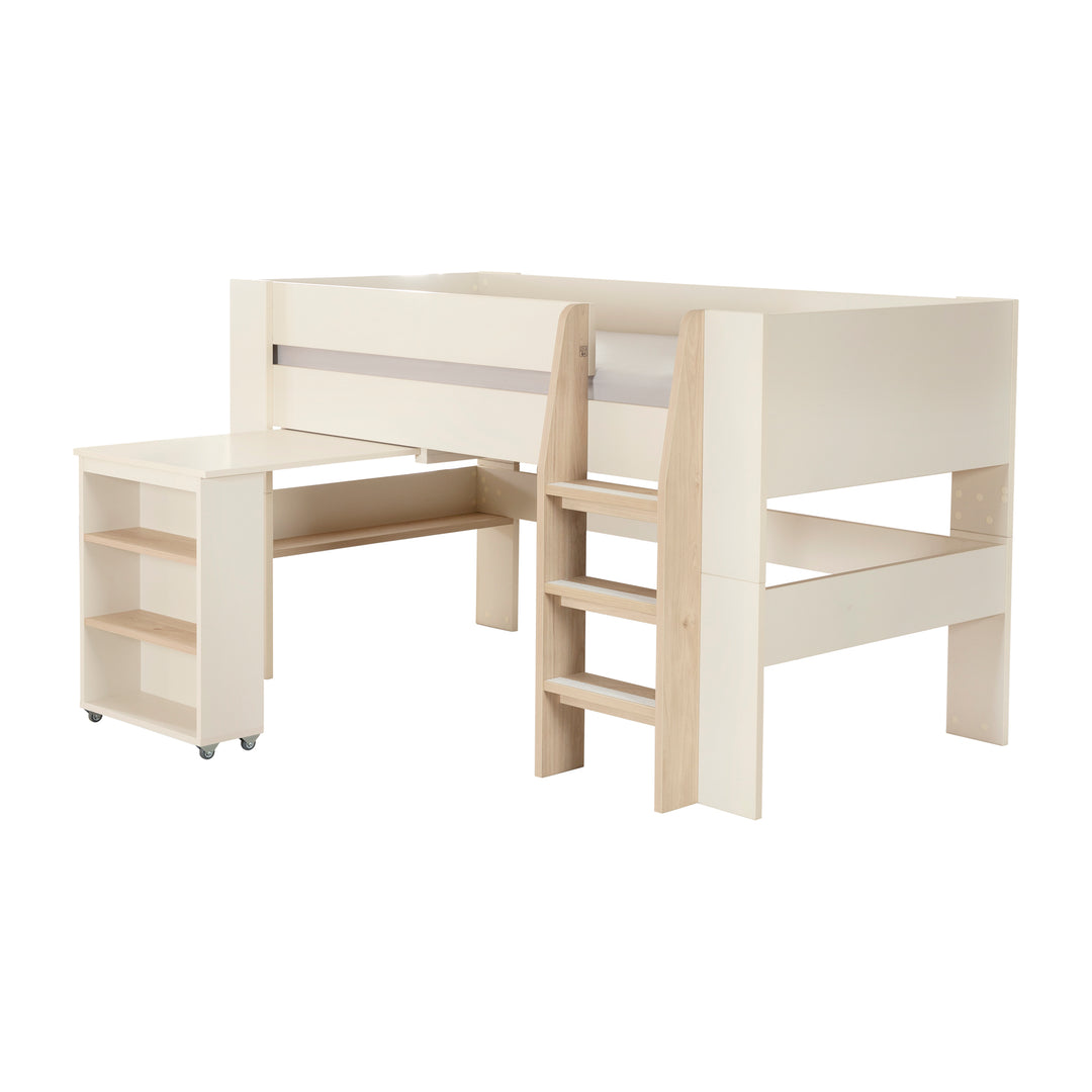 Halbhohes Bett 'Flexi Grow' mit Schreibtisch, Regal und Leiter in Cashmere, freigestellte Ansicht