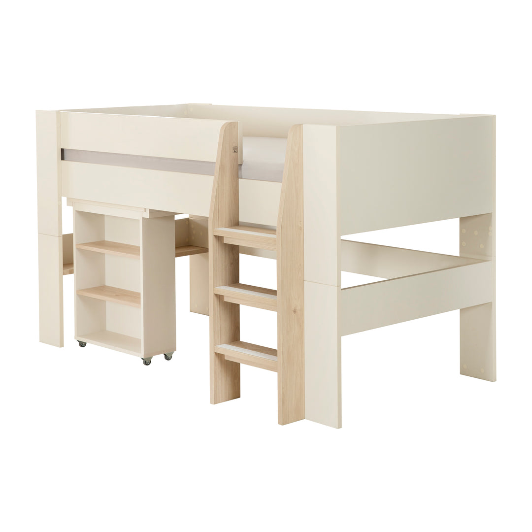 Halbhohes Bett 'Flexi Grow' mit Schreibtisch und Leiter in Cashmere, freigestellte Ansicht von der anderen Seite