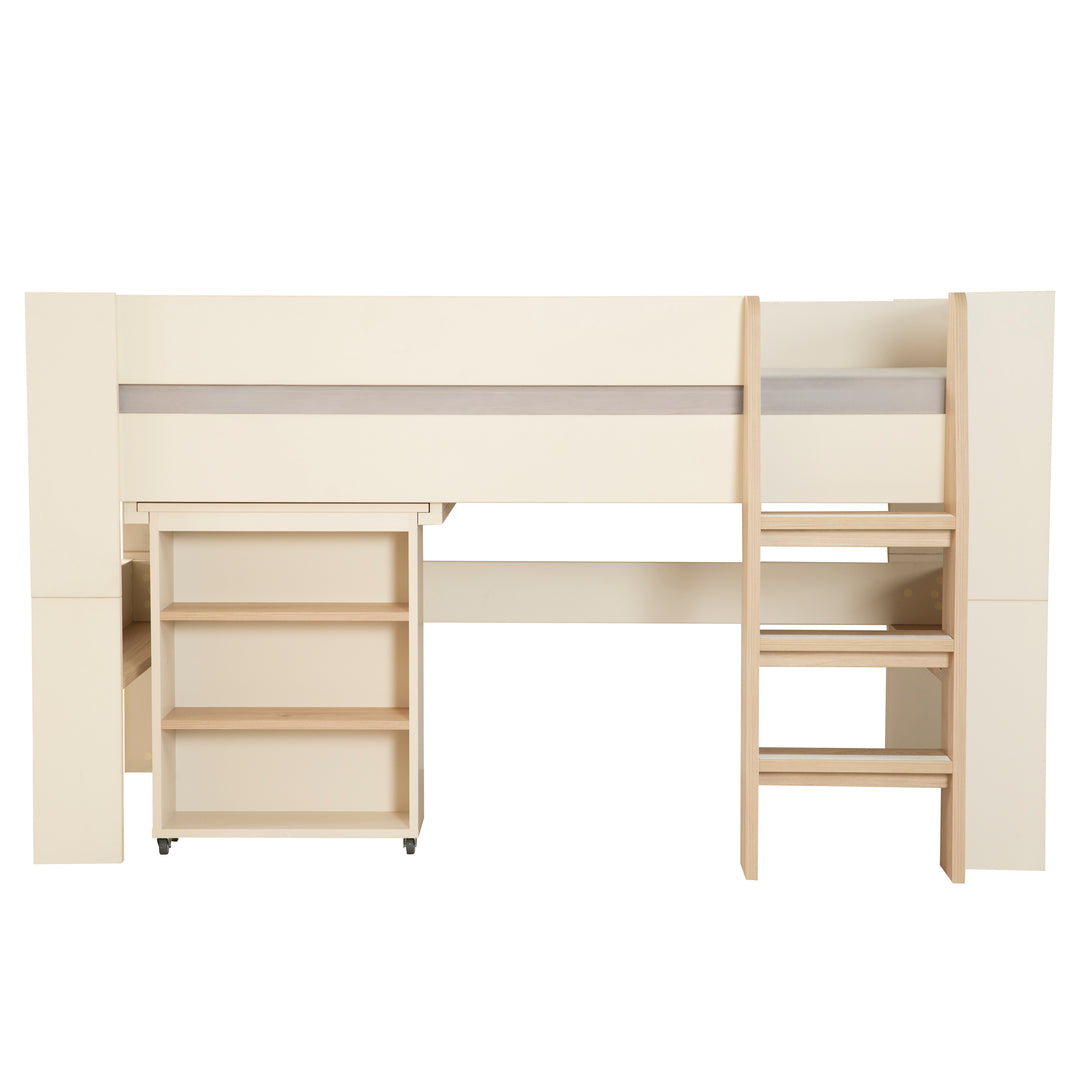 Halbhohes Bett 'Flexi Grow' mit Schreibtisch und Leiter in Cashmere, freigestellte Frontalansicht