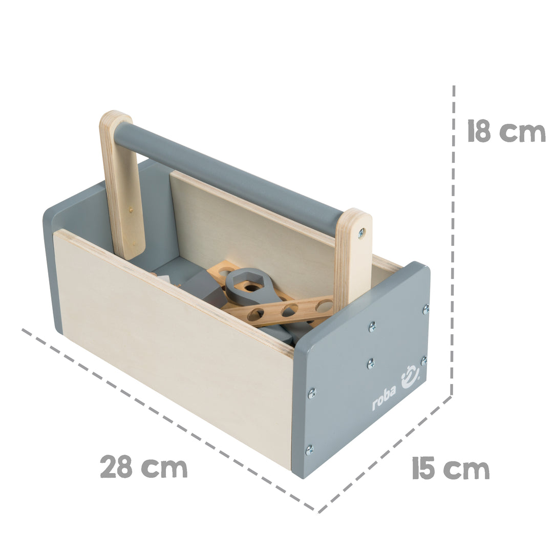 Maßgrafik des Holzwerkzeugkastens: Höhe 18 cm, Länge 28 cm, Breite 15 cm, in Grau/Natur mit Tragegriff