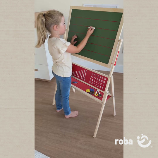 Kindertafel mit Zubehör, Standtafel drehbar, Schreib- & Maltafel magnetisch, Holz, natur – Produktvideo
