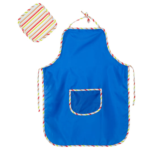 Malschürze mit Lappen, Kinderschürze zum Malen und Basteln, blau mit Lappen in bunt – Freisteller (1/2)