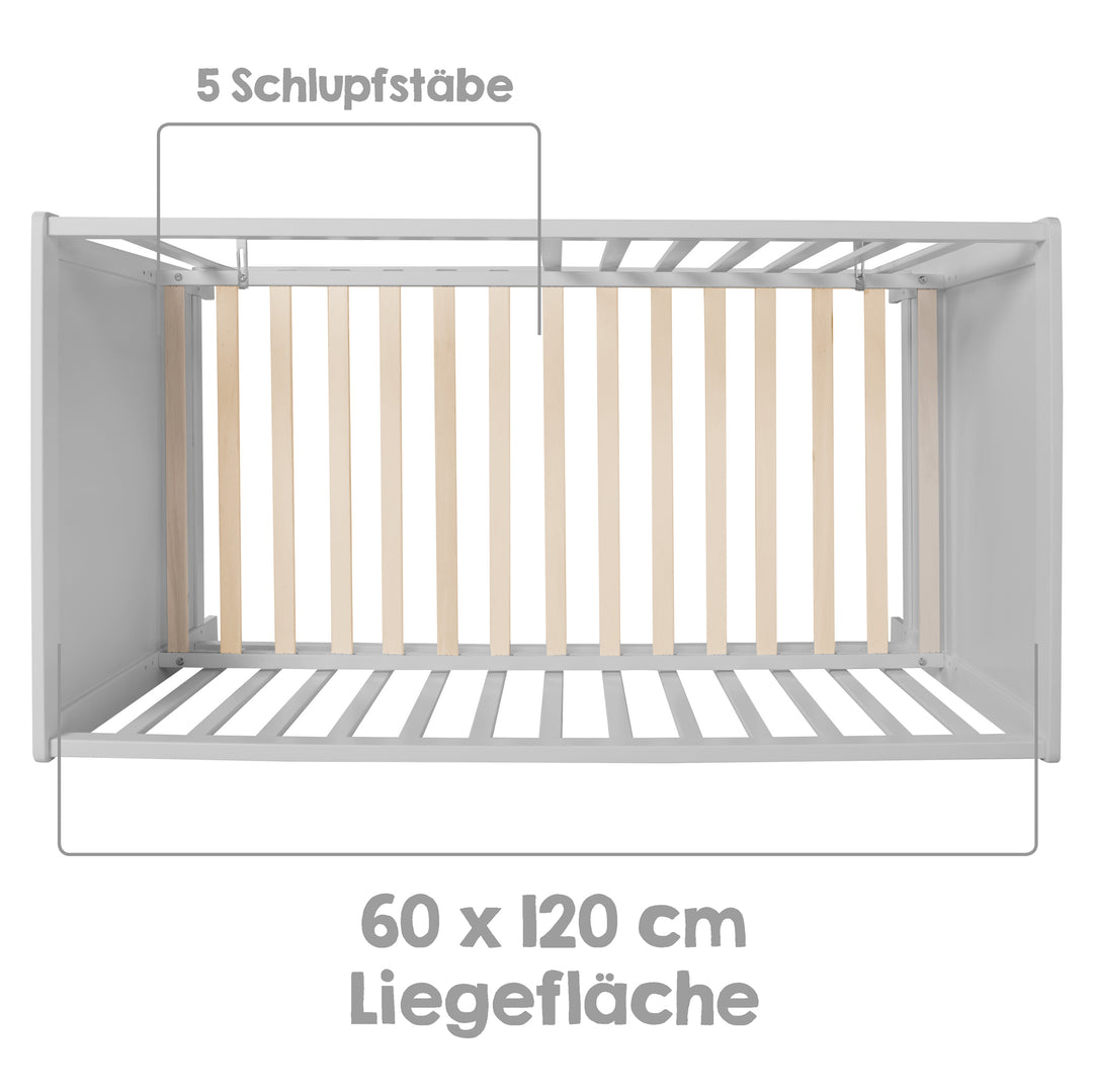 Beistellbett, 60 x 120 cm, taupe, verstellbar, 5 Schlupfsprossen, inkl. Lattenrost & Matratze – Infografik (9/11)