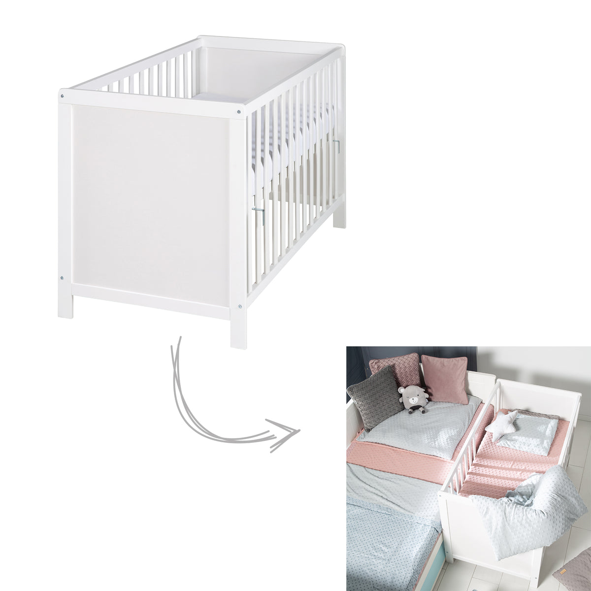 Baby- & Beistellbett 2in1 'Hamburg' 60x120 cm, weiß, verstellbar, inkl. 5 Schlupfsprossen – Freisteller (1/17)