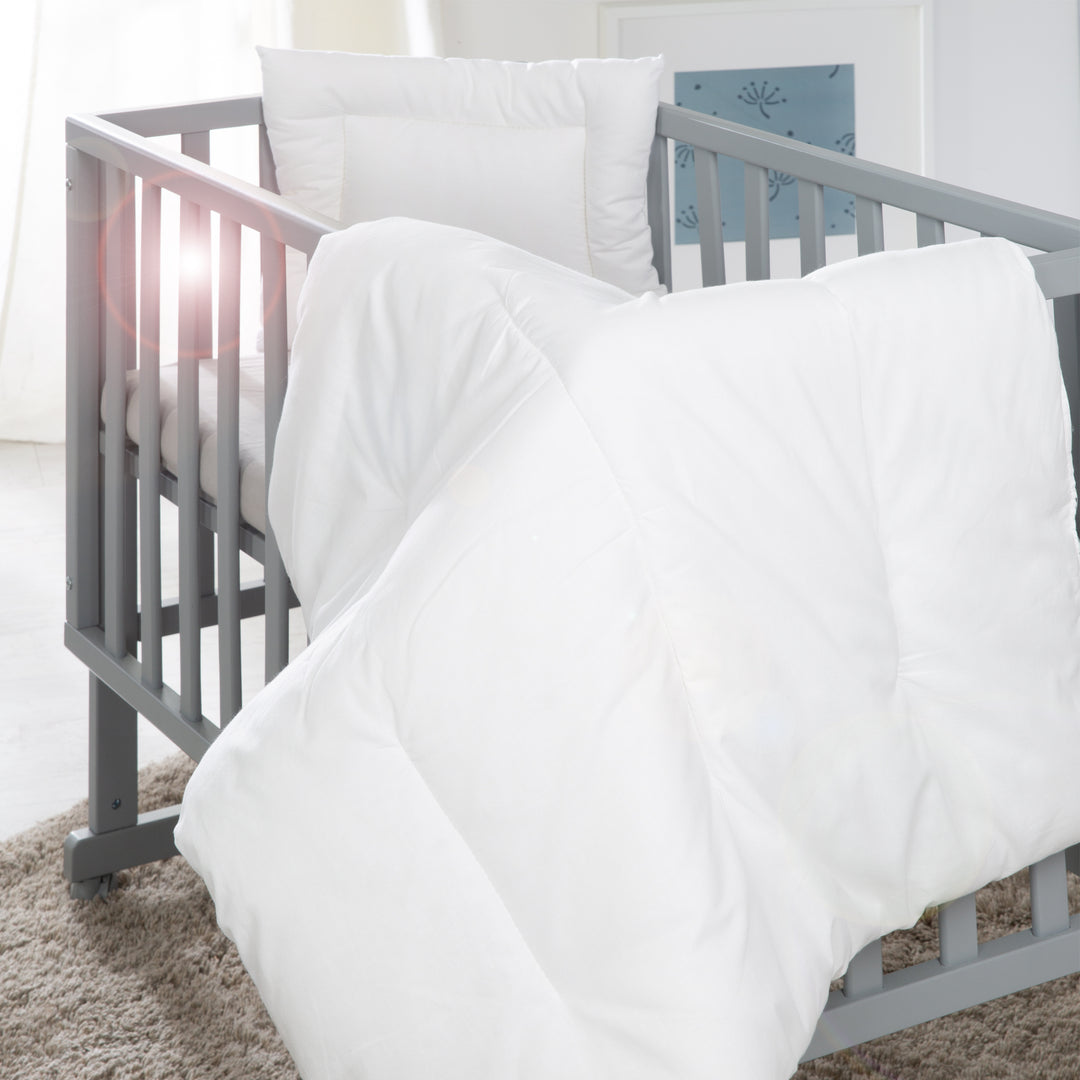 Couvre-lit matelassé enfant, toutes saisons set de berceau (enveloppe intérieure), blanc, couverture 80 x 80 cm et coussin 40 x 35 cm – Infographie (2/6)