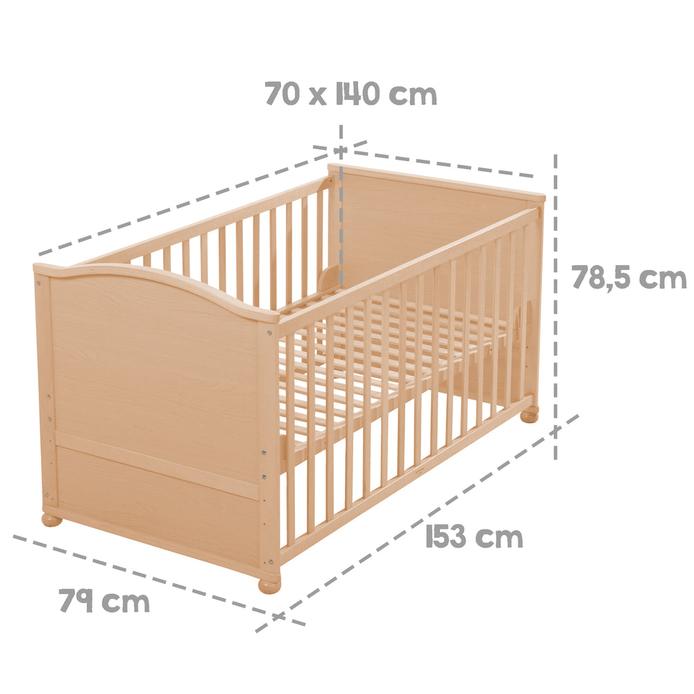 Kombi-Kinderbett 70 x 140 cm, natur, höhenverstellbar, mit Schlupfstäben, umbaubar zum Juniorbett – Infografik (2/3)