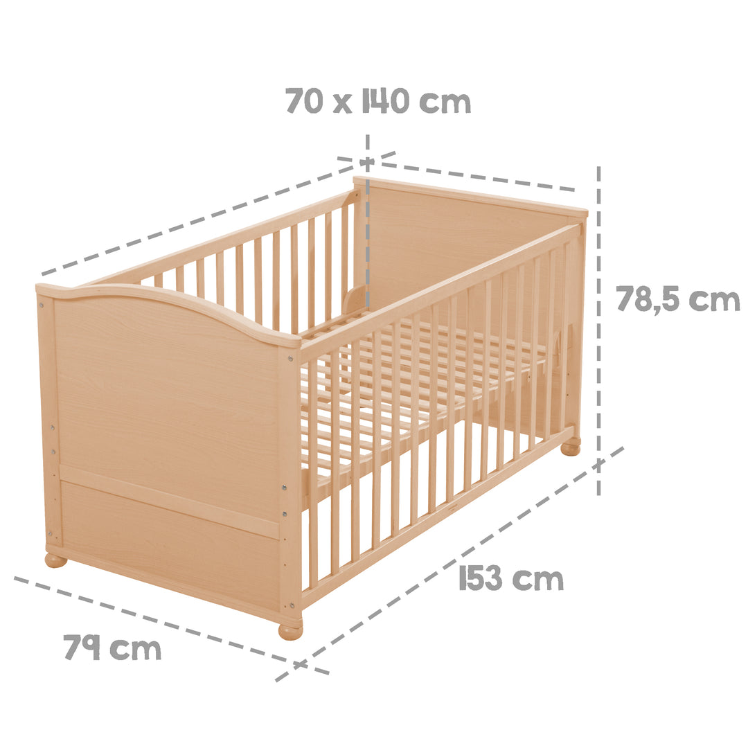Kombi-Kinderbett 70 x 140 cm, natur, höhenverstellbar, mit Schlupfstäben, umbaubar zum Juniorbett – Infografik (2/3)