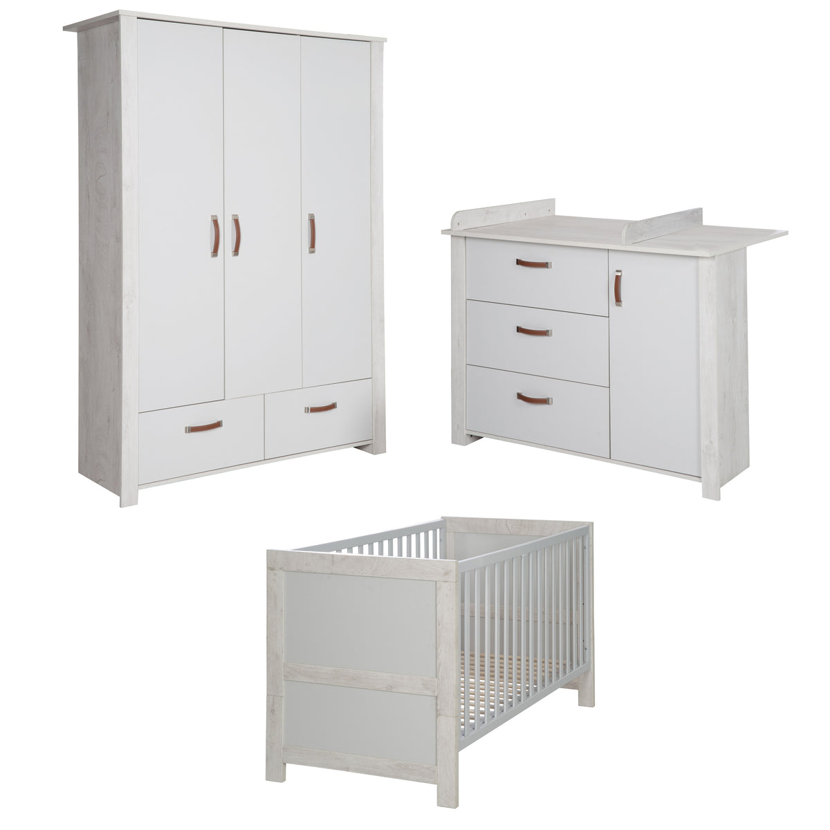 Set de habitación infantil 'Mila', incl. cama combinada 70 x 140 cm, cómoda cambiador & 3puertas armario, gris/blanco – Recorte (1/16)