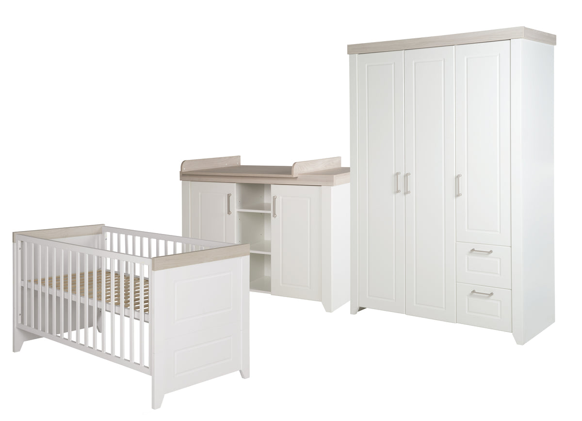 Kinderzimmerset 'Felicia' inkl. Kombi-Bett 70 x 140 cm, Wickelkommode & 3-türigem Schrank, Luna Elm/weiß – Freisteller (1/17)