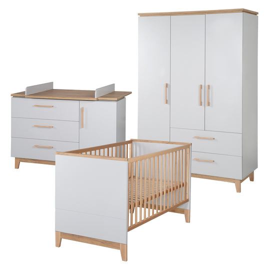 Kinderzimmerset 'Caro', inkl. Kombi-Bett 70 x 140 cm, Wickelkommode & 3-türigem Schrank, Lichtgrau/Goldeiche – Produktbild (1/18)