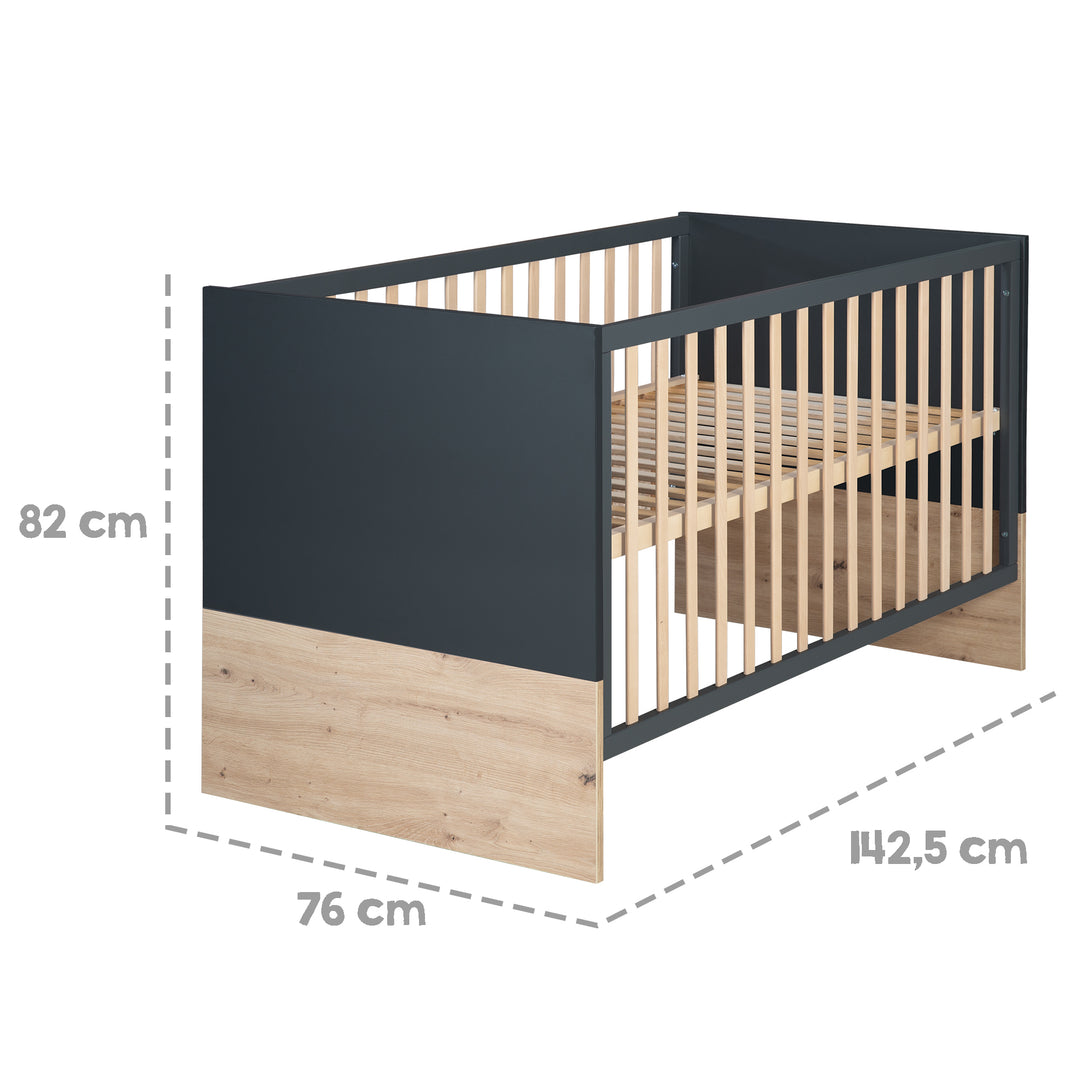 Möbelset 'Lenn' - Kombi-Kinderbett 70x140 + Wickelkommode - Anthrazit - Dekor 'Artisan Eiche' – Infografik (3/15)