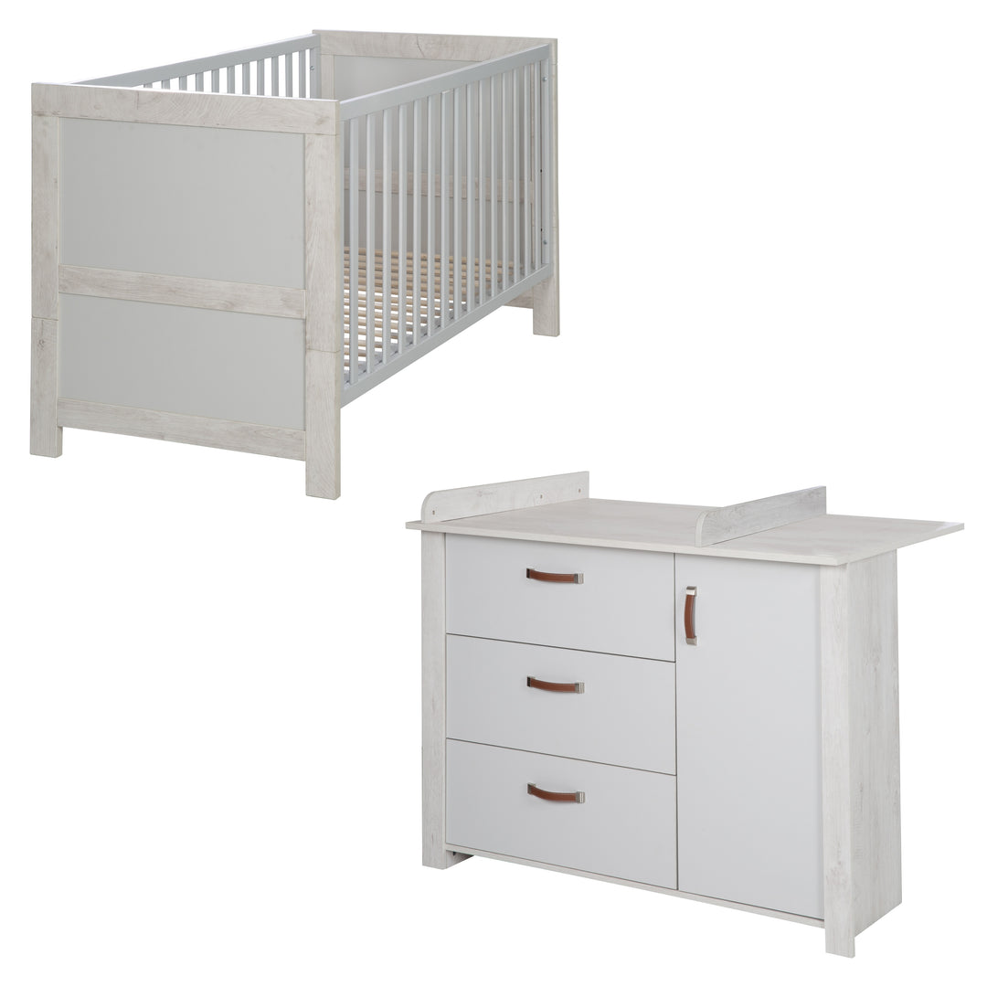 Set mobili 'Mila', incl. neonato-/ letto per bambini 70 x 140 cm & cassettiera fasciatoio, grigio/bianco – Ritaglio (1/10)