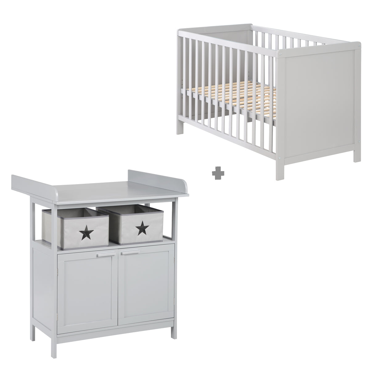 Möbelset 'Hamburg' - Baby- & Beistellbett 60x120 + Wickelkommode 2-türig - Taupe – Freisteller (1/17)