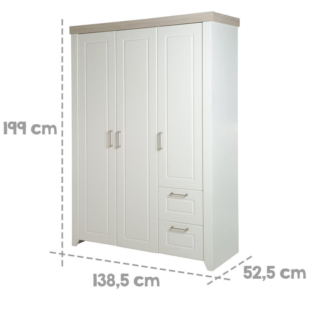 Kleiderschrank 'Felicia', 3-türiger Schrank, 2 Schubladen, Landhausstil, weiß – Infografik (4/7)