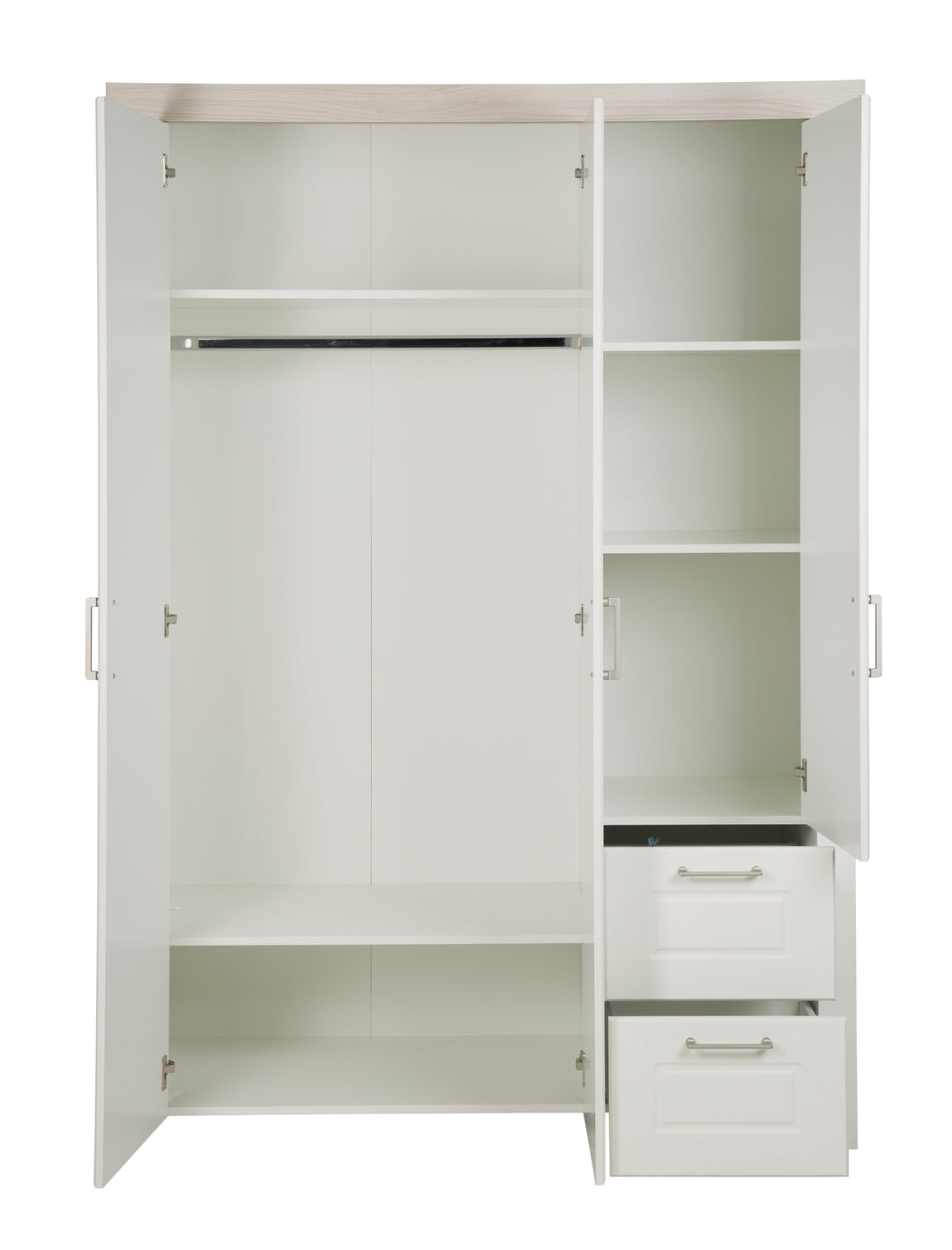 Kleiderschrank 'Felicia', 3-türiger Schrank, 2 Schubladen, Landhausstil, weiß – Freisteller (5/7)