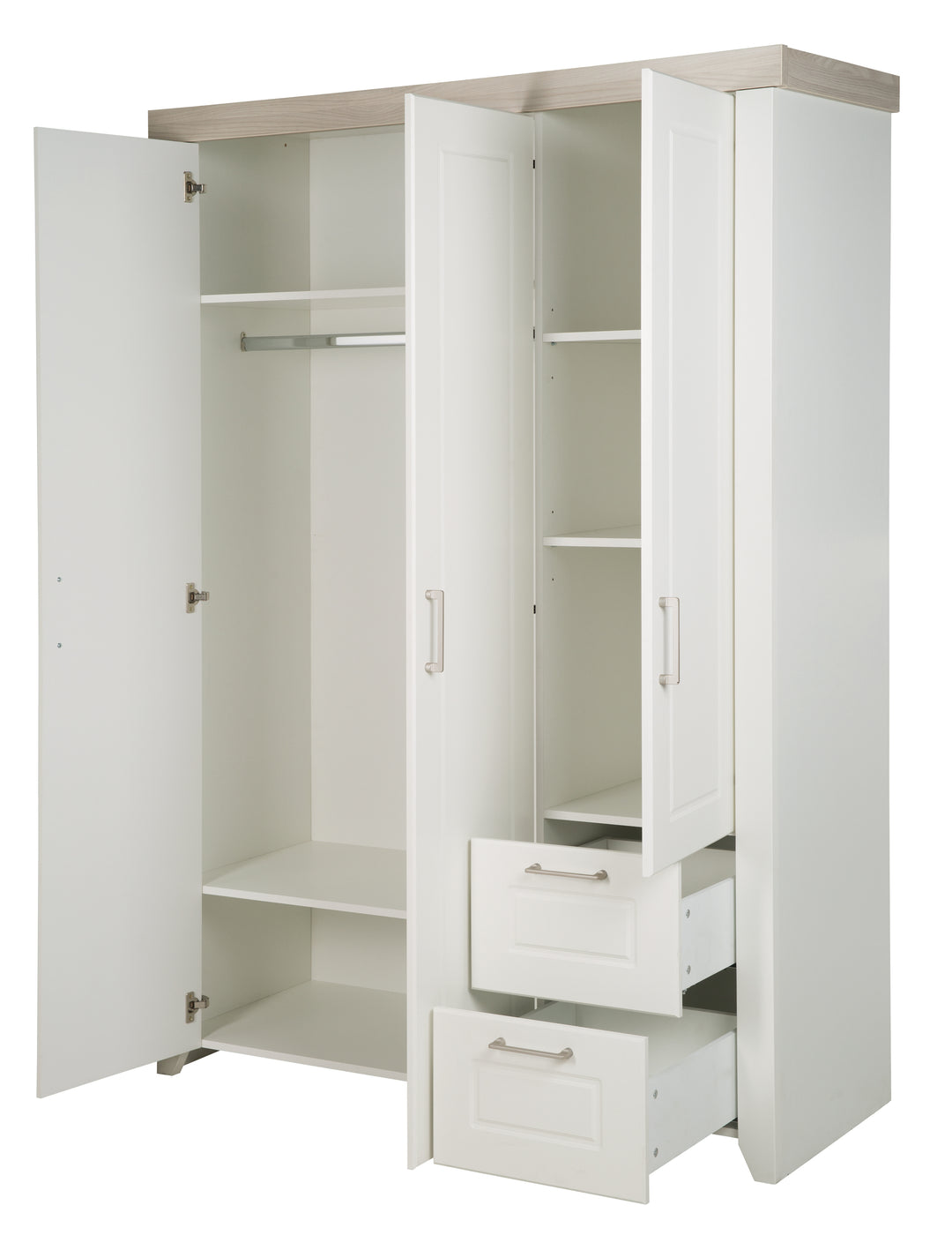 Kleiderschrank 'Felicia', 3-türiger Schrank, 2 Schubladen, Landhausstil, weiß – Freisteller (6/7)
