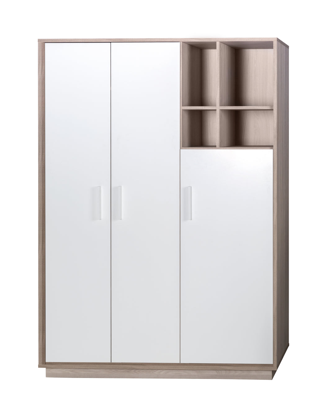 Kleiderschrank 'Olaf', 3 Drehtüren, mit offenem Regal, Weiß / Luna Elm – Freisteller (1/7)