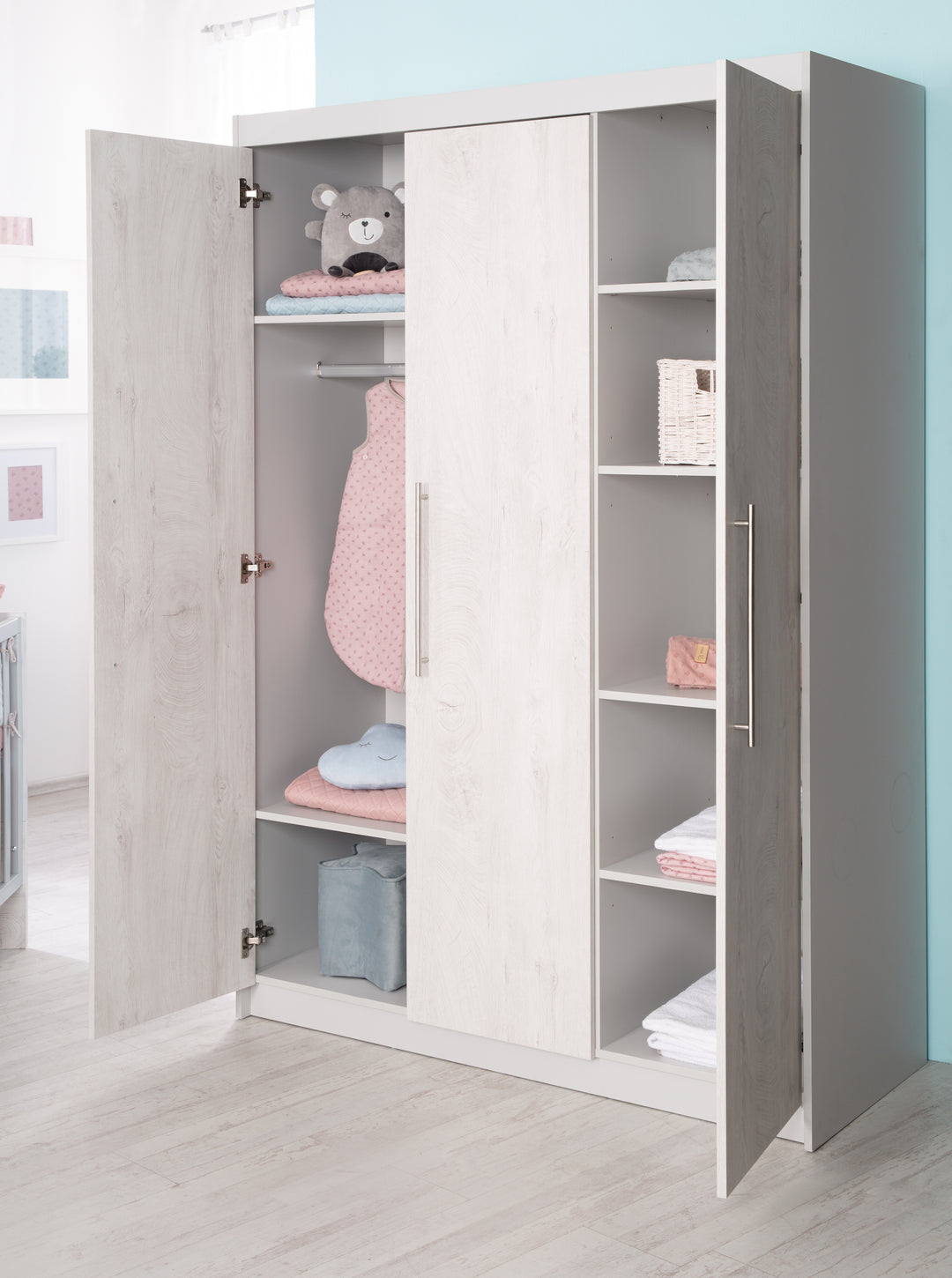 Wardrobe 'Maren 2', 3-Doors, 6 Shelves, Hinged-Door Wardrobe, Light Grey & White – Lifestyle Image (3/4)