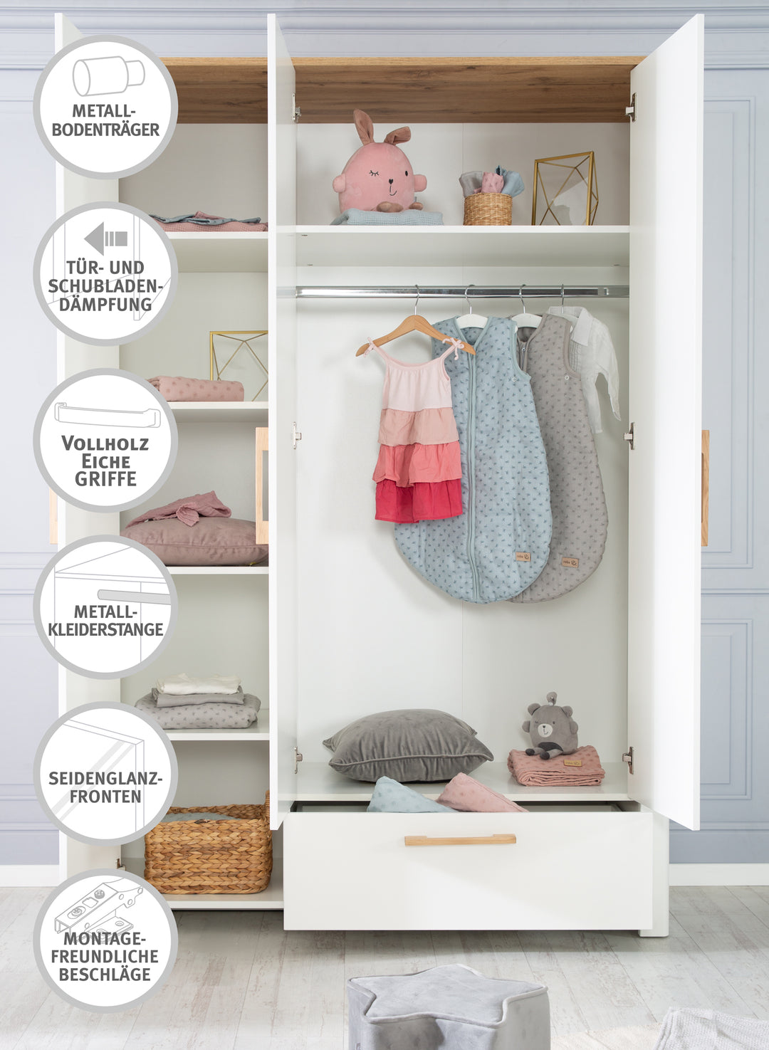 Kleiderschrank 'Ava' 3-trg. in weiß, mit Deckplatte in 'Artisan Eiche‘, HxBxT: 200 x 137 x 53 cm – Infografik (3/7)