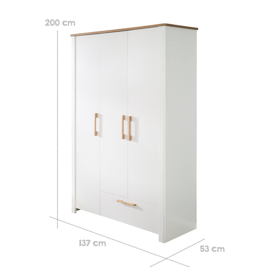 Kleiderschrank 'Ava' 3-trg. in weiß, mit Deckplatte in 'Artisan Eiche‘, HxBxT: 200 x 137 x 53 cm – Infografik (4/7)