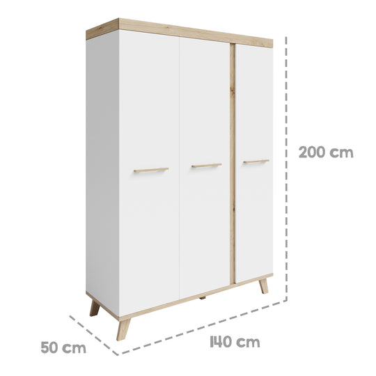 Wardrobe 'Smile' 3-Door - Handles & Feet Made of Solid Wood - White / Artisan Oak – Infographic (3/5)