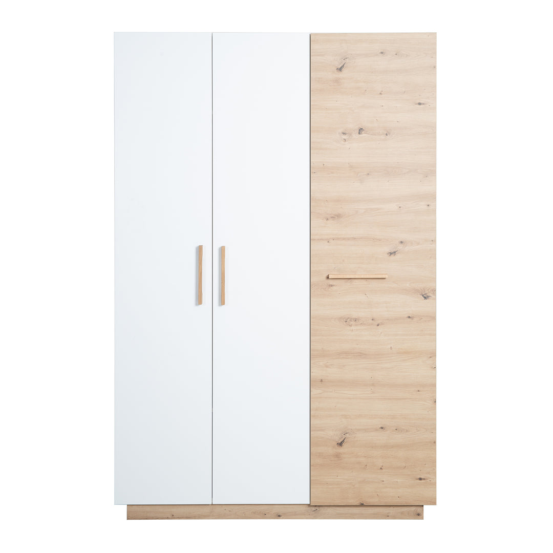 Kleiderschrank 'Lion' 3-türig - Weiß / Holzdekor 'Artisan Eiche' - Griffe aus massiver Eiche – Freisteller (3/19)