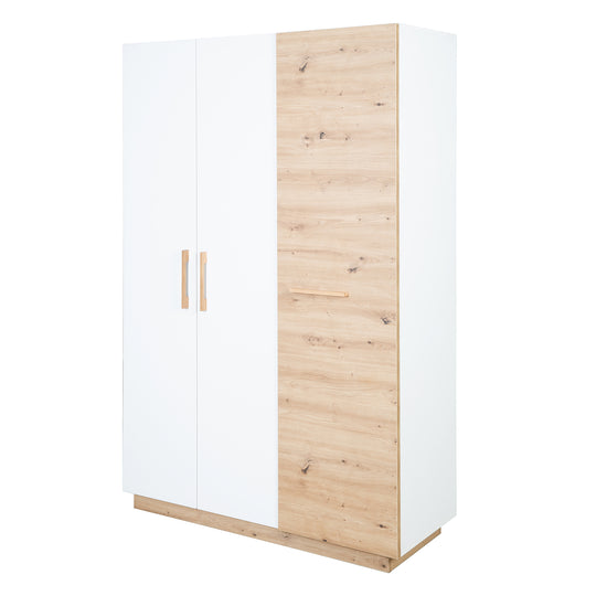 Kleiderschrank 'Lion' 3-türig - Weiß / Holzdekor 'Artisan Eiche' - Griffe aus massiver Eiche – Freisteller (1/19)
