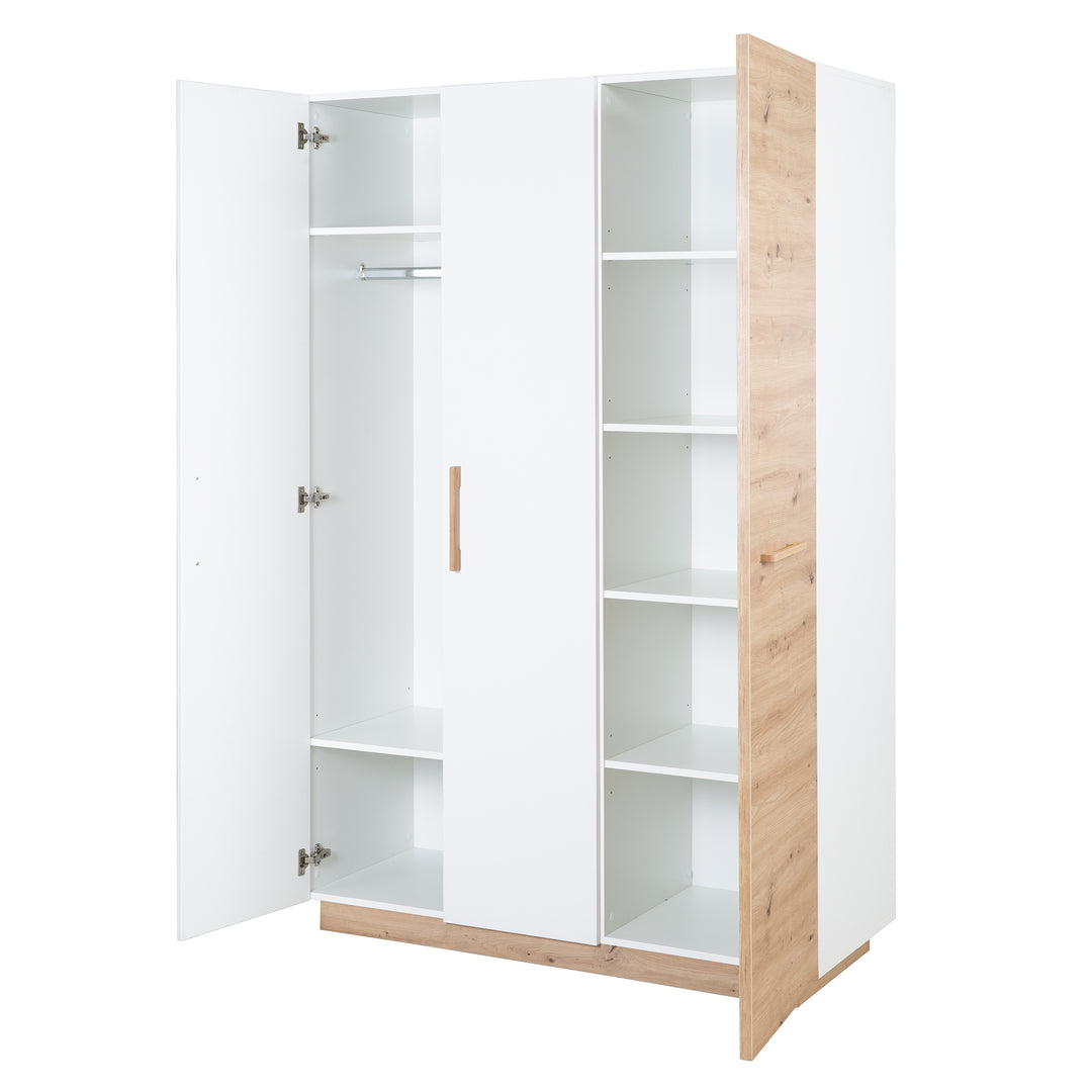 Kleiderschrank 'Lion' 3-türig - Weiß / Holzdekor 'Artisan Eiche' - Griffe aus massiver Eiche – Freisteller (7/19)
